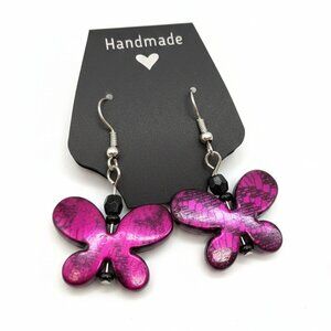 Earrings - Fushsia butterfly & black beads